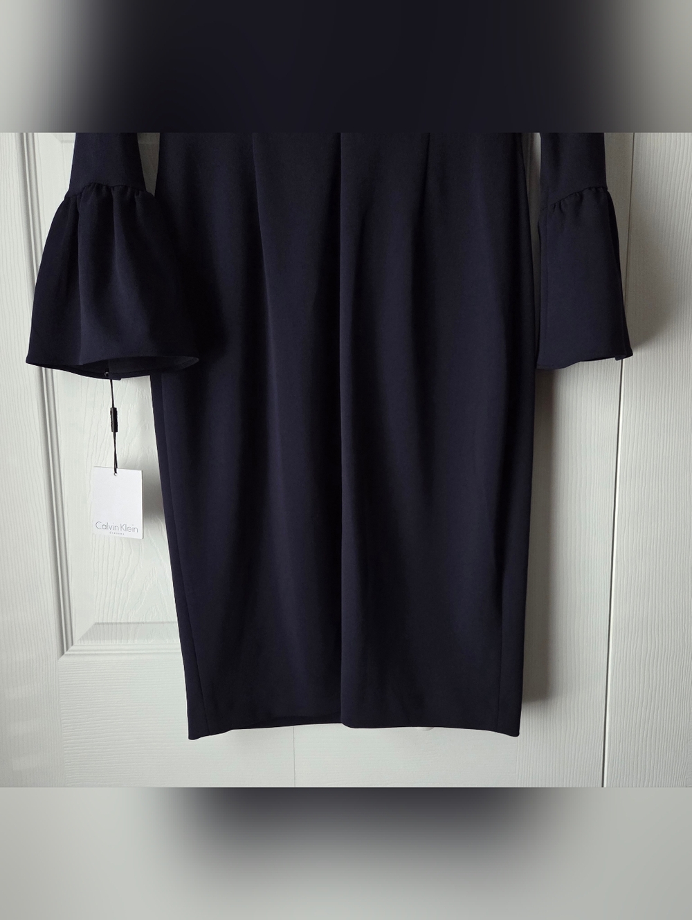 NWT Calvin Klein Navy Dress with White Trim and Bell Sleeves Size 8 - Picture 11 of 14